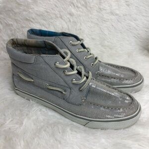 SPERRY High Top Gray/Silver Sequin Shoes. EUC.